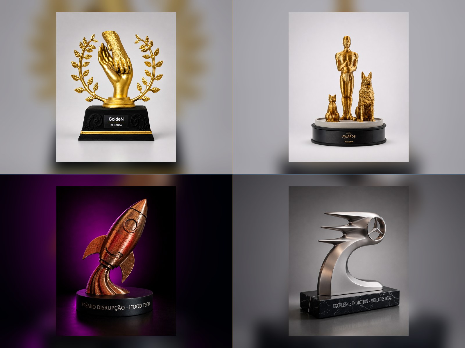 Composição de troféus e objetos personalizados editados em estúdio